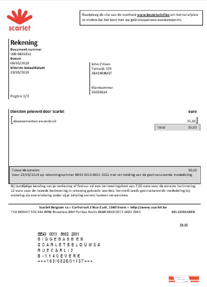 Belgium Scarlet utility bill template in Word and PDF format (.doc and .pdf)